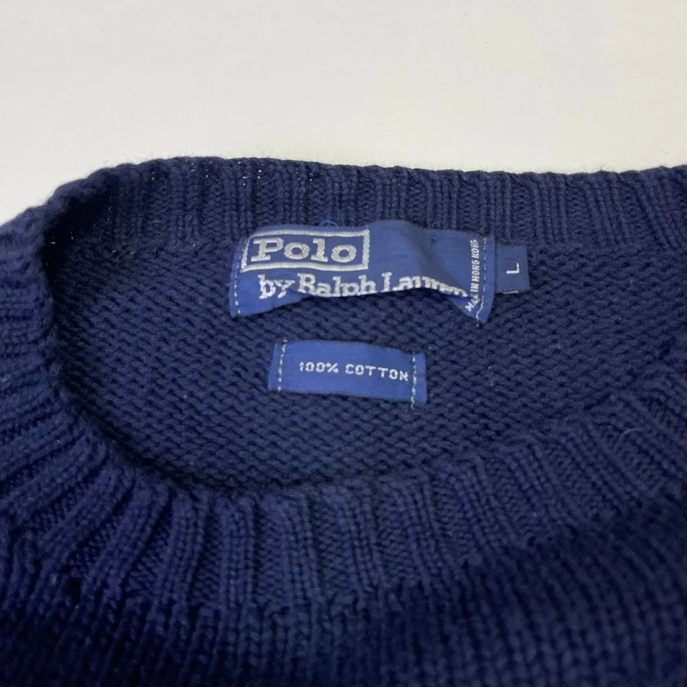 VTG Polo Ralph Lauren Mens Navy Blue Cotton Crewneck Sweater L Red Pony Logo